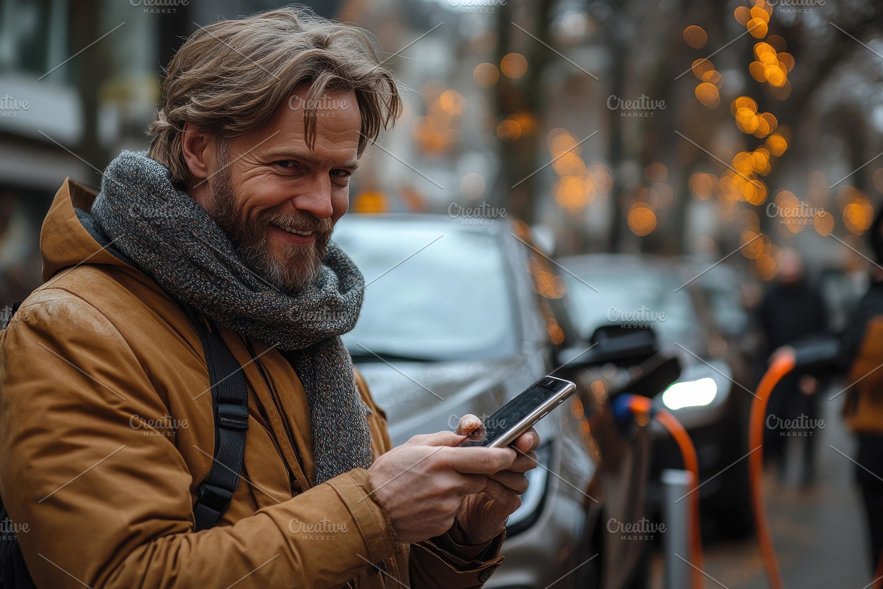 Man smiles while using smartphone ou, a Photo by Tanuart