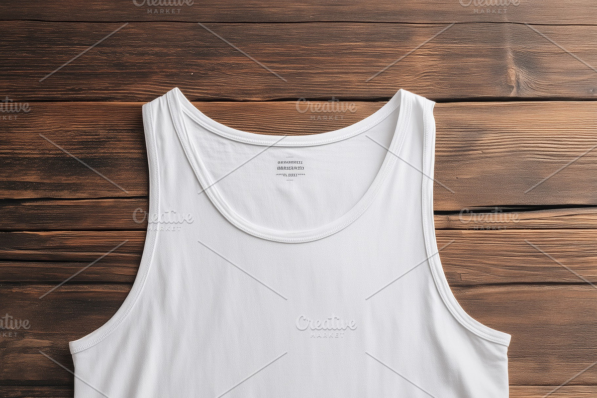 A plain white tank top mockup laid flat on a wooden surface, showcasing its sim, a Shirt Mockup by Textures & Backgrounds