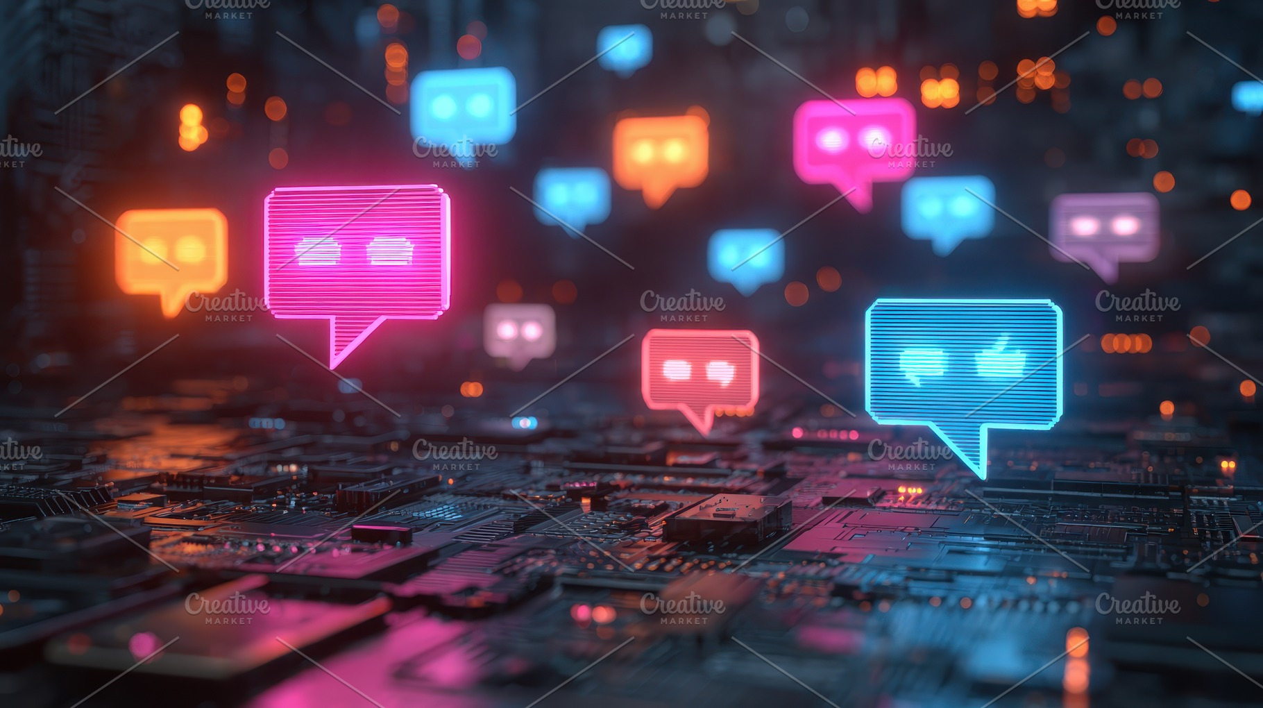 Neon Chat Bubbles on Circuit Board D, a Photo by Pixeness Studio