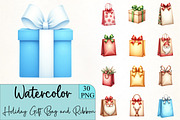Holiday Gift Bag and Ribbon Clipart, an Illustration by CrexoraLab (Thumbnail 1 of 5)