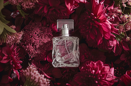 Perfume bottle in flowers, fragrance on blooming background, flo, a Photo by Anneleven