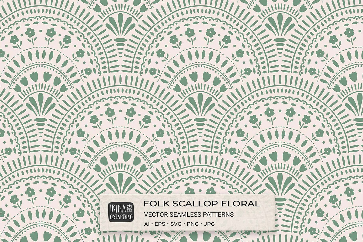 Folk Scallop Floral Vector Patterns, a Pattern Graphic by Irina Ostapenko (Photo 1 of 5)