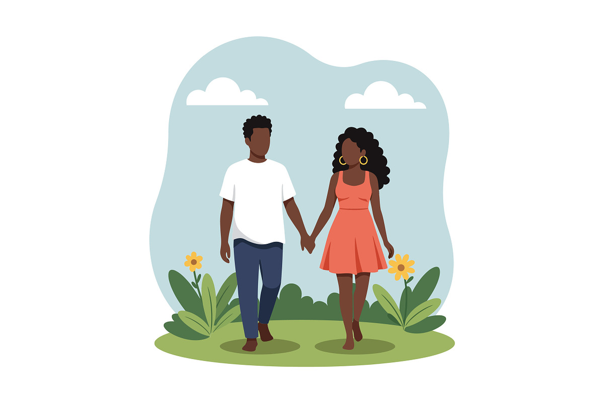 A couple walking hand in hand throug, an Illustration by designvectx