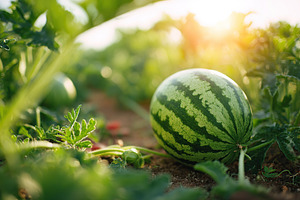 Ripe watermelon resting on thick vine in a sunlit field, a Photo by AlyaAnd