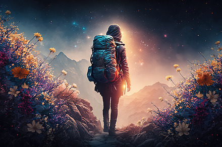 Hiker with a heavy backpack walking through the beautiful landsc, a Sports & Recreation Photo by Studio Light & Shade