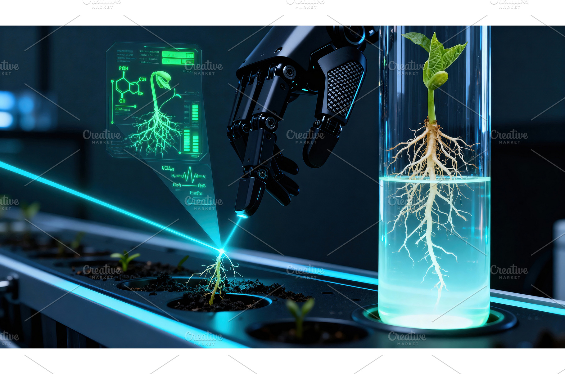 Robotic hand tending plant seedlings, a Technology Photo by tilialucida