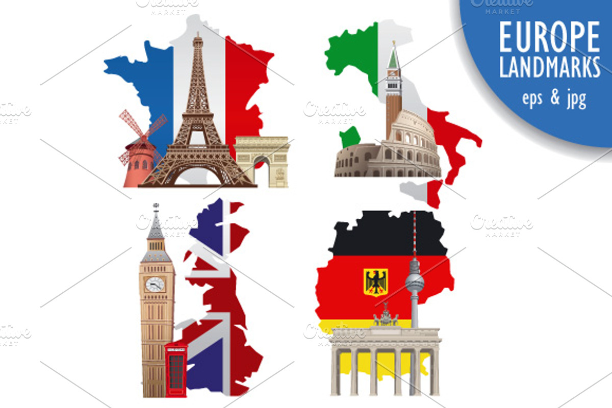 Famous Landmarks of Europe, an Illustration by Oleg Tokarev Art, image size:1200x800