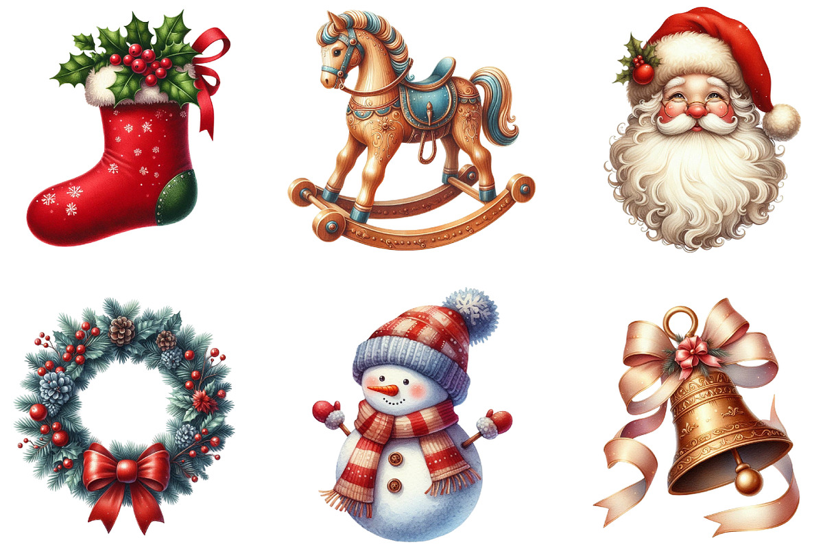 Watercolor Christmas Vintage Clipart, an Illustration by DreamArtGraphic (Photo 2 of 5)