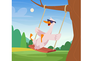 Duck on swing. outdoor background, an Animal Illustration by Onyx