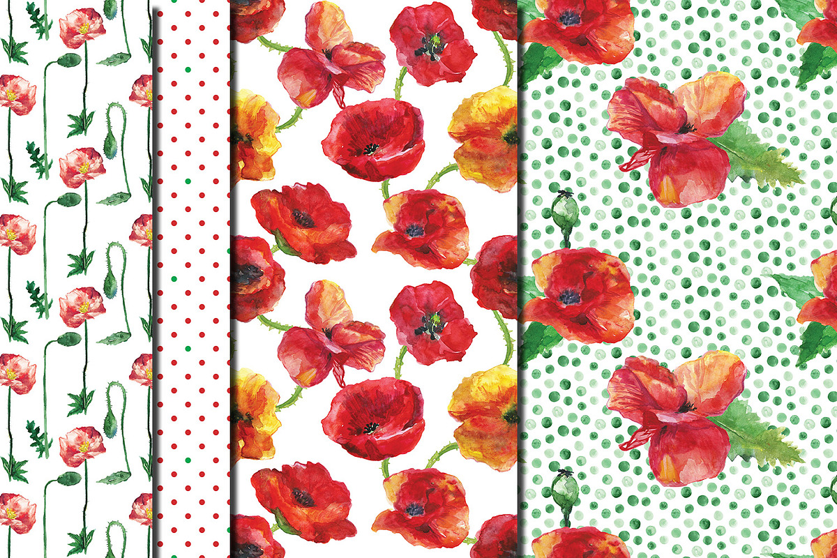 Watercolor Poppies patterns, a Pattern Graphic by DollyPotterson (Photo 3 of 6)