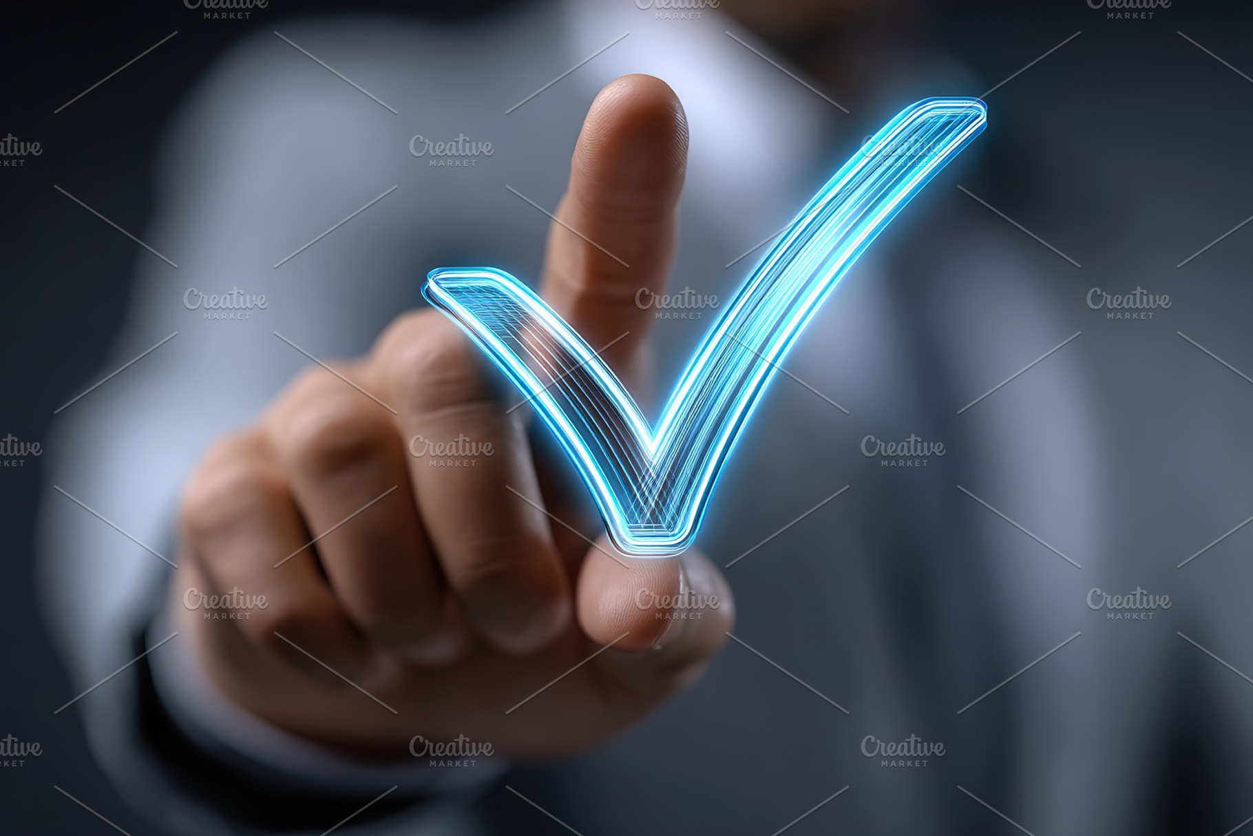 Touching a glowing check mark icon, symbolizing confirmation or approval in a p, a Business Photo by AlyaAnd