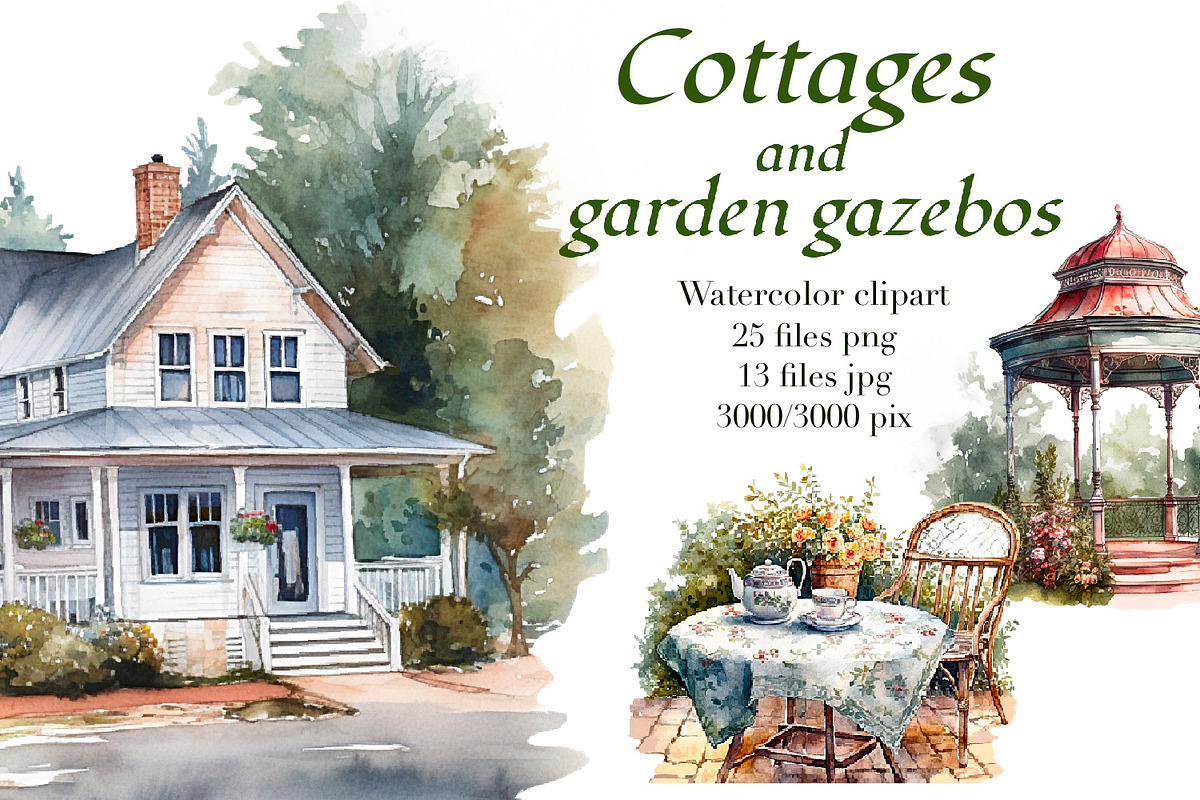 Cottages and gazebos, watercolor, an Object Illustration by AkvarelRiver (Photo 1 of 9)