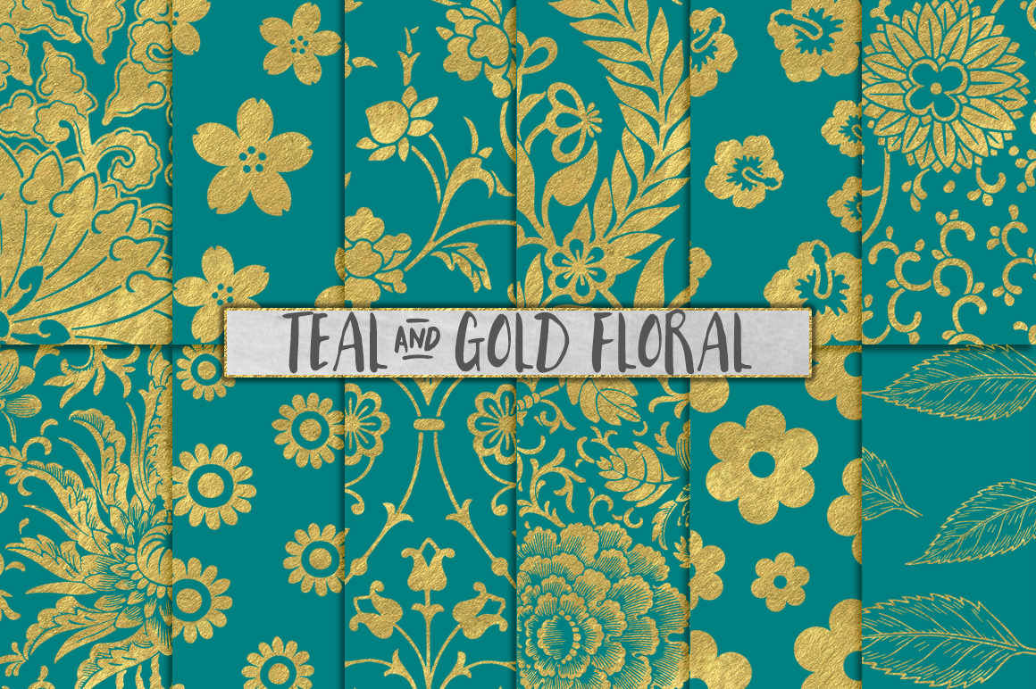Teal and Gold Flower Backgrounds, a Pattern Graphic by Paper Element