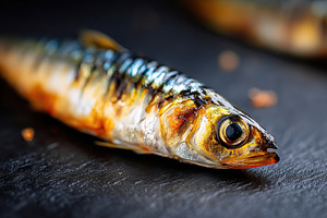 Grilled fish dish showcased on a dark slate background with focus on texture an, a Food & Drink Photo by AlyaAnd