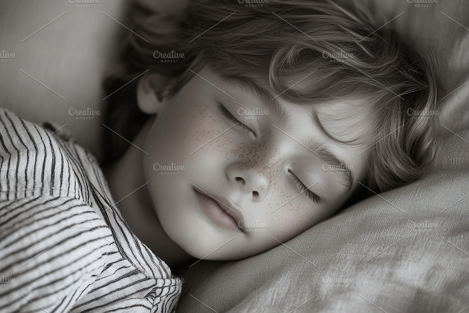 Young child peacefully sleeping on s, a Photo by Tanuart