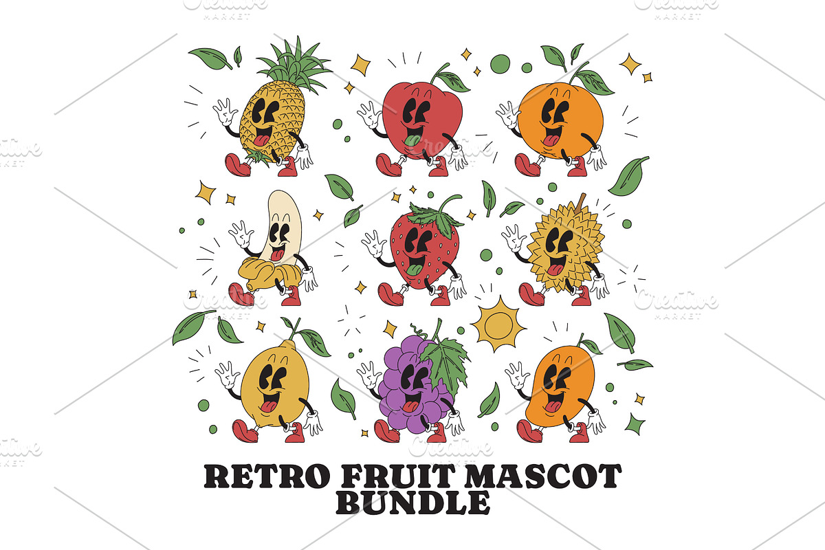 Fruit Mascot Bundle in 90s Style, a Food Illustration by Judsart (Photo 1 of 3)