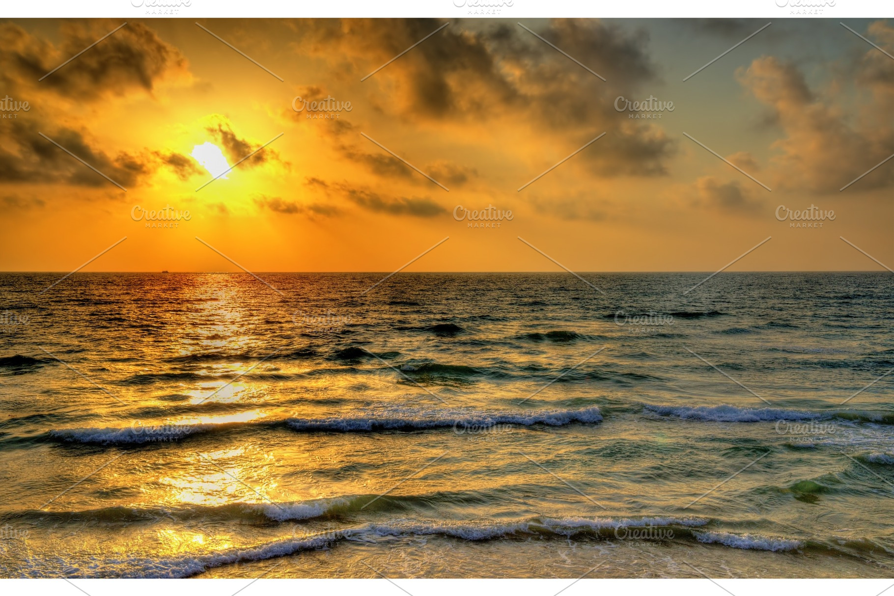 Sunset over the mediterranean sea off the coast of tel aviv featuring sunset, a Transportation Photo by Leonid Andronov