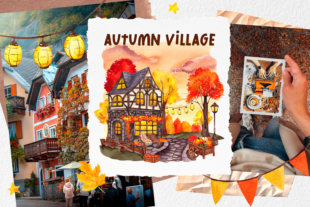 Autumn Village. Hand draw watercolor, an Object Illustration by ma_i_vi (Photo 2 of 9)