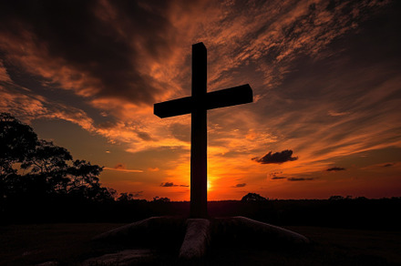 The cross with the sun behind, landscape. Generative AI, a Wallpaper Photo by designvectx