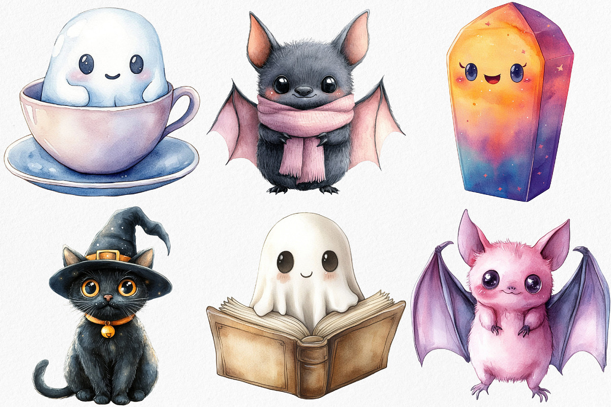 Watercolor Kawaii Spooky Clipart, an Illustration by Canvas Craft (Photo 2 of 7)
