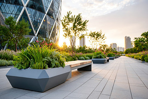 Urban garden with modern architecture during sunset in a bustling city, a Photo by AlyaAnd
