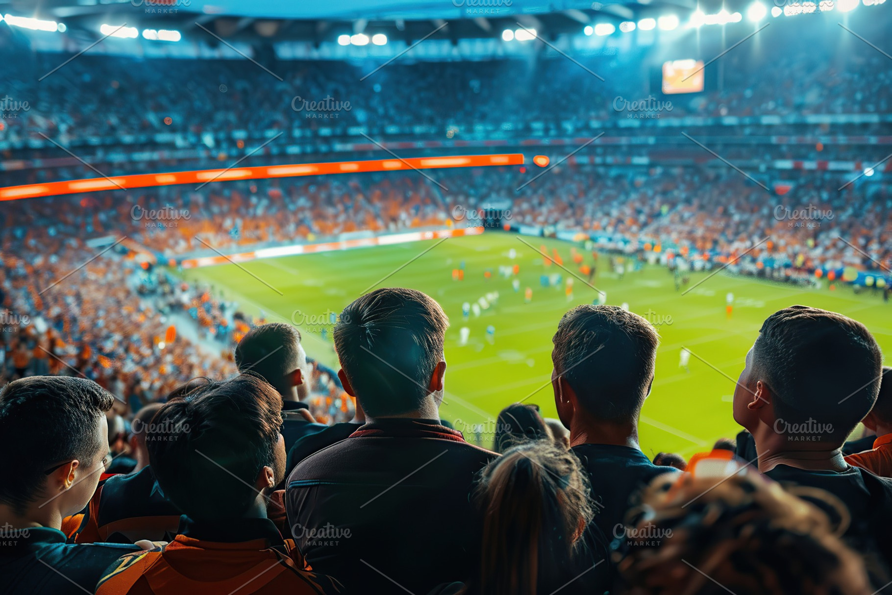 Back view of happy fans on a stadium watching soccer match, a Sports & Recreation Photo by AlyaAnd