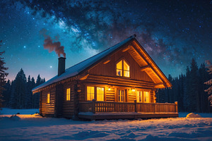 Illuminated Wooden Cabin in a Snowy, a Background Photo by Perpis