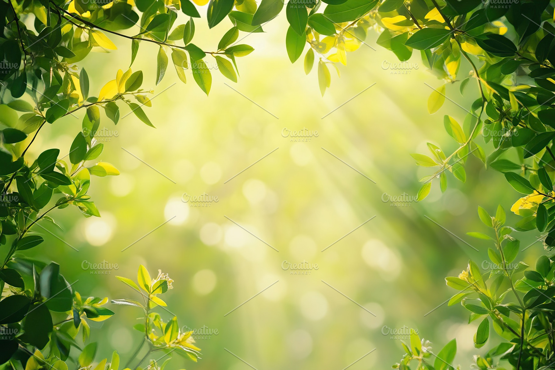 Bright sunlight filtering through green leaves in a tranquil forest setting dur, a Background Photo by AlyaAnd