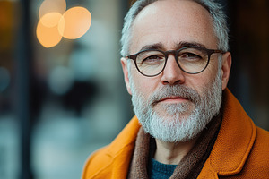Mature man with glasses and beard smiling outdoors in city setting, a Person Photo by AlyaAnd