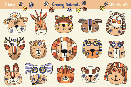 Groovy Animal Faces. Retro Cuties