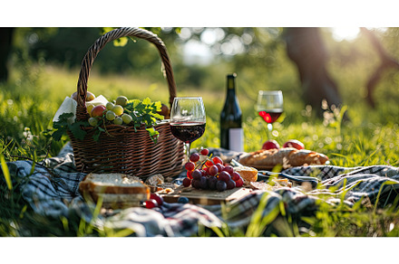 Picnic basket on grass with food and, a Food & Drink Photo by Neirfy