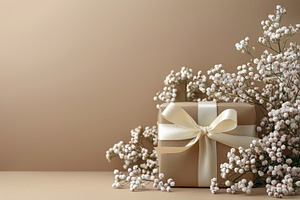 Elegant gift box with ribbon and soft floral arrangement neutral, a Holiday Photo by José Manuel Gelpi