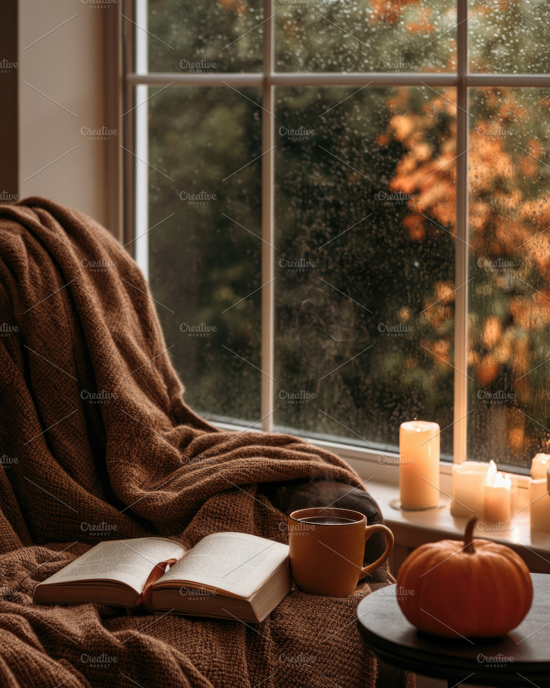 Cozy autumn reading nook with pumpkin and candles, a Food & Drink Photo by José Manuel Gelpi