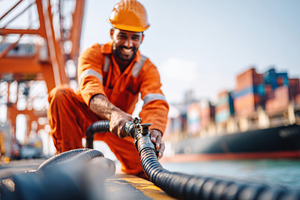 Worker operating equipment at port, an Industrial Photo by AlyaAnd