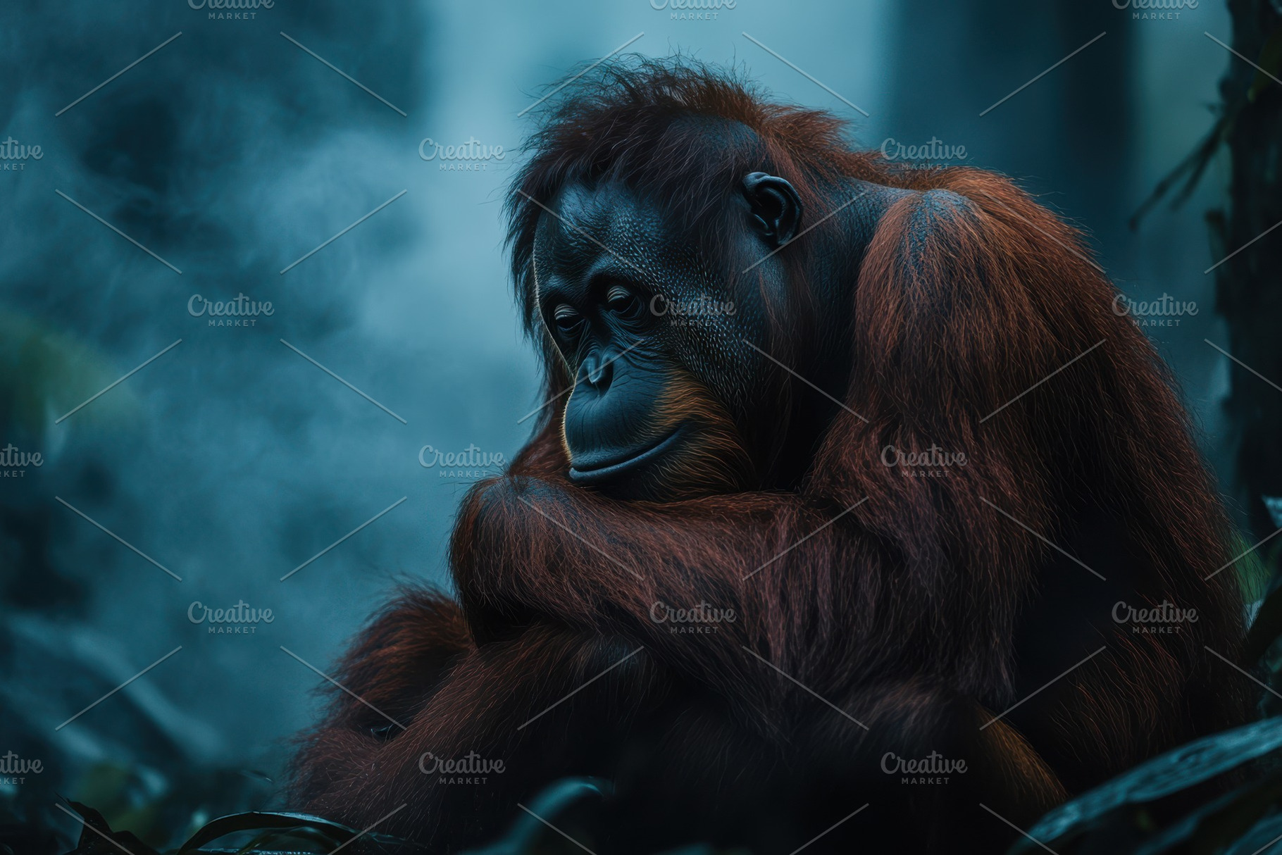 Orangutan in rainforest pensive mood, an Animal Photo by Pixeness Studio