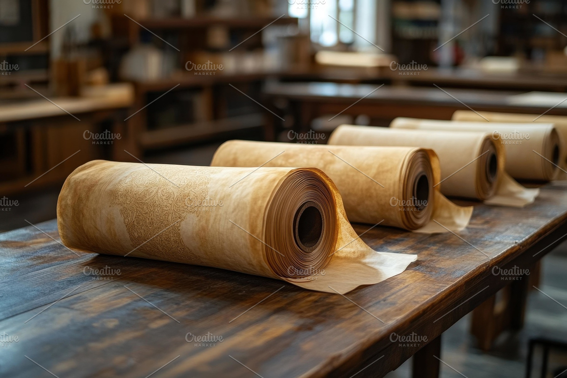 Rolls of parchment laid out in a wor, a Photo by Tanuart