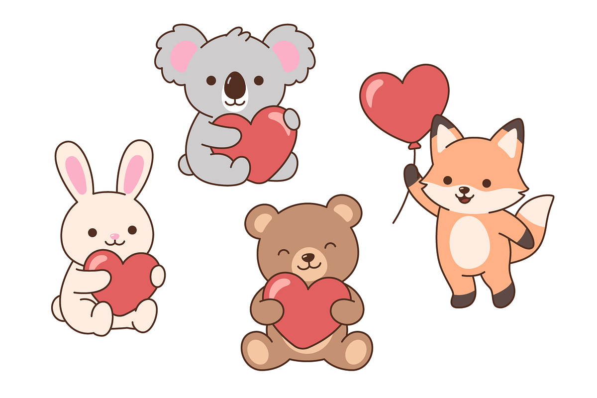 Cute kawaii animals holding hearts, an Animal Illustration by Cmeree (Photo 3 of 3)