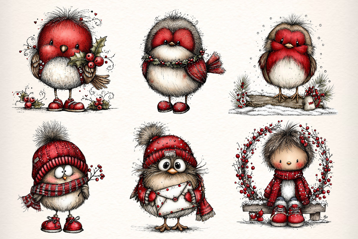 Whimsical Winter Robin Birds Clipart, an Illustration by Dream Creation (Photo 6 of 7)