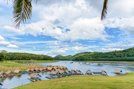 Bamboo rafts are floating restaurant containing raft, bamboo, and restaurant, a Nature Photo by yongkiet jitwattanatam
