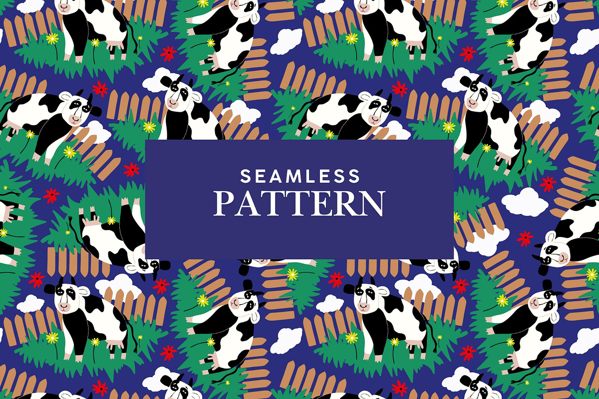 Blue pattern with whimsical cows, a Pattern Graphic by Art's and patterns (Photo 1 of 3)