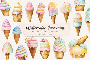 Watercolor Ice Creams, a Food Illustration by PeDe Designs