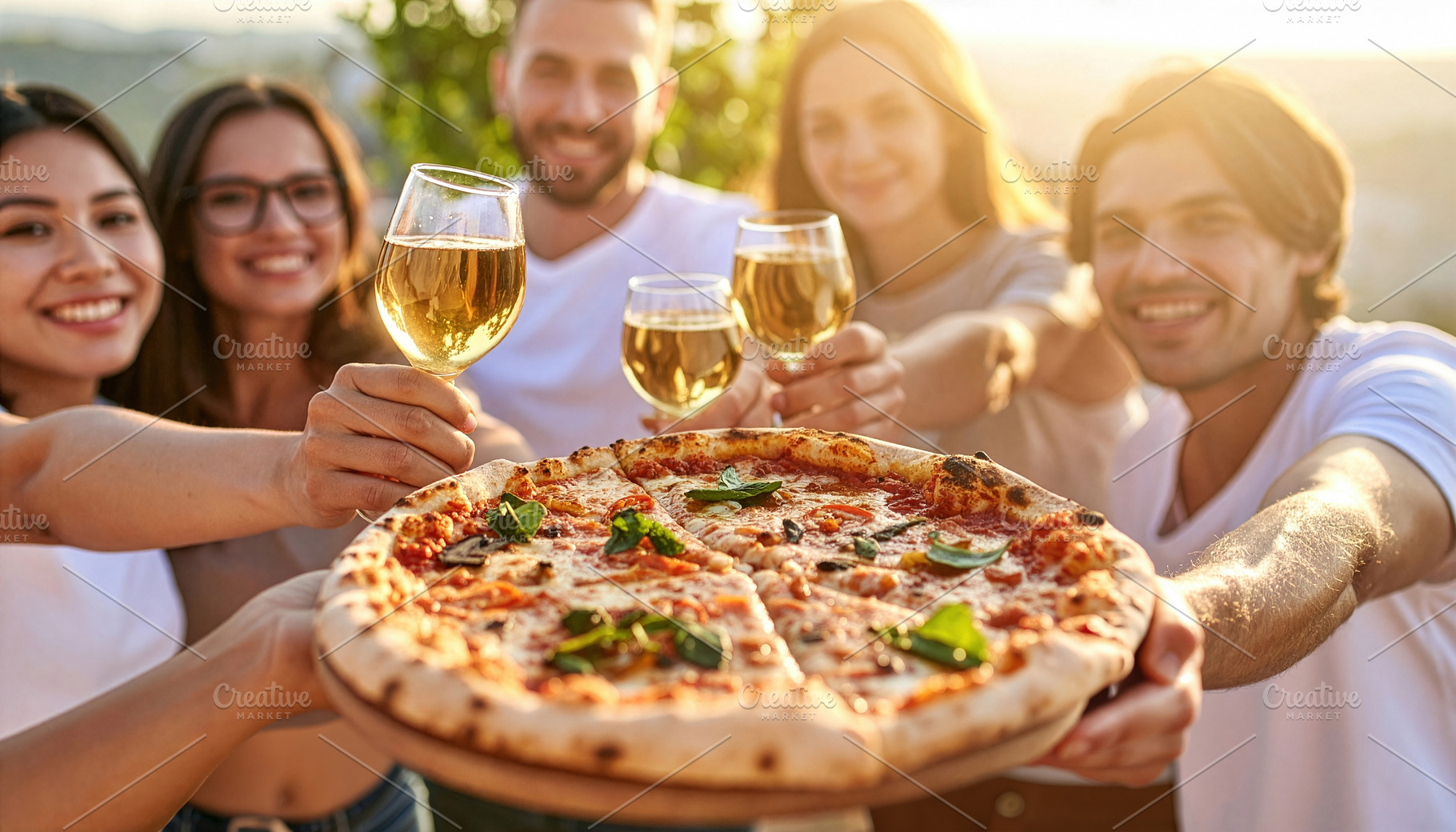 Friends Toasting Wine with Fresh Pizza, a Photo by Davizro's Market