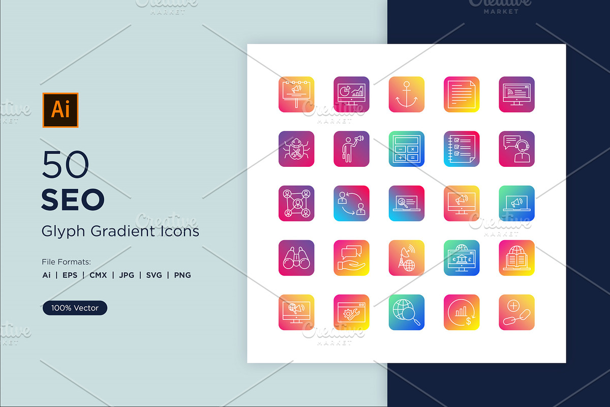 50 SEO Line Gradient Icons Set, an Outline Icon by shahsoft (Photo 1 of 5)