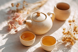 Tea time enjoyment with a small glass teapot and cups on a table surrounded by, a Food & Drink Photo by AlyaAnd