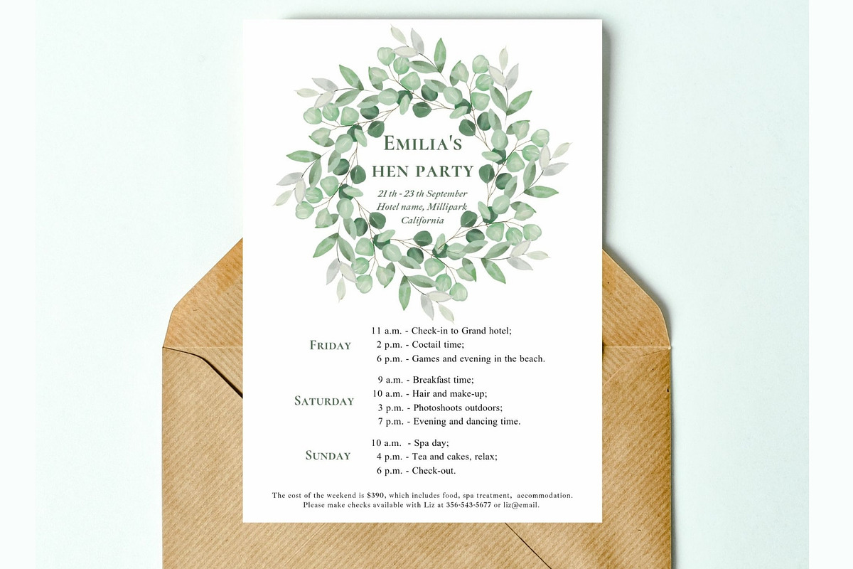 Eucalyptus Hen weekend itinerary, an Invitation Template by EvaTemplates (Photo 2 of 6)