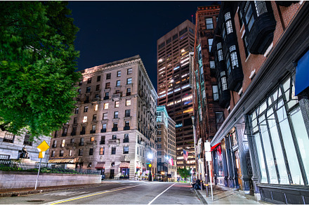 Boston night street framed by