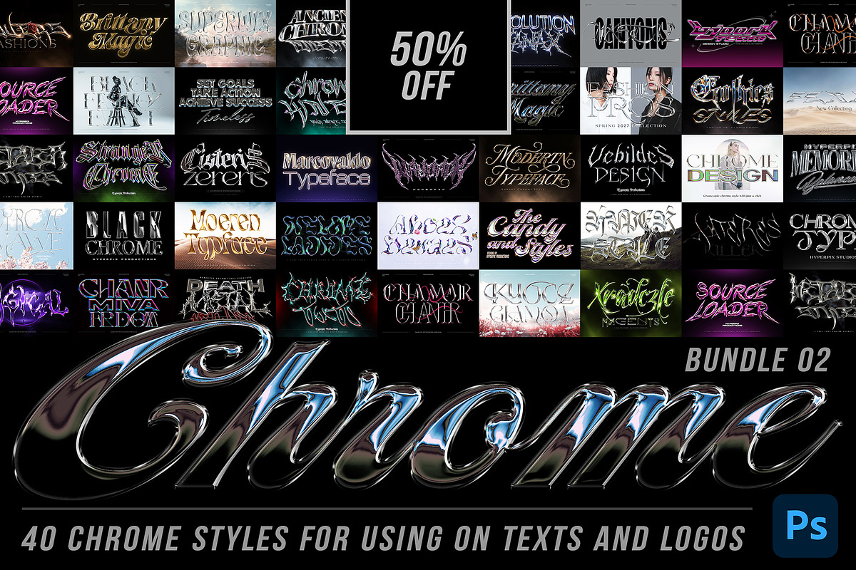 Chrome Text Effects Bundle 02, a Layer Style Add-On by Hyperpix Productions (Photo 1 of 48)
