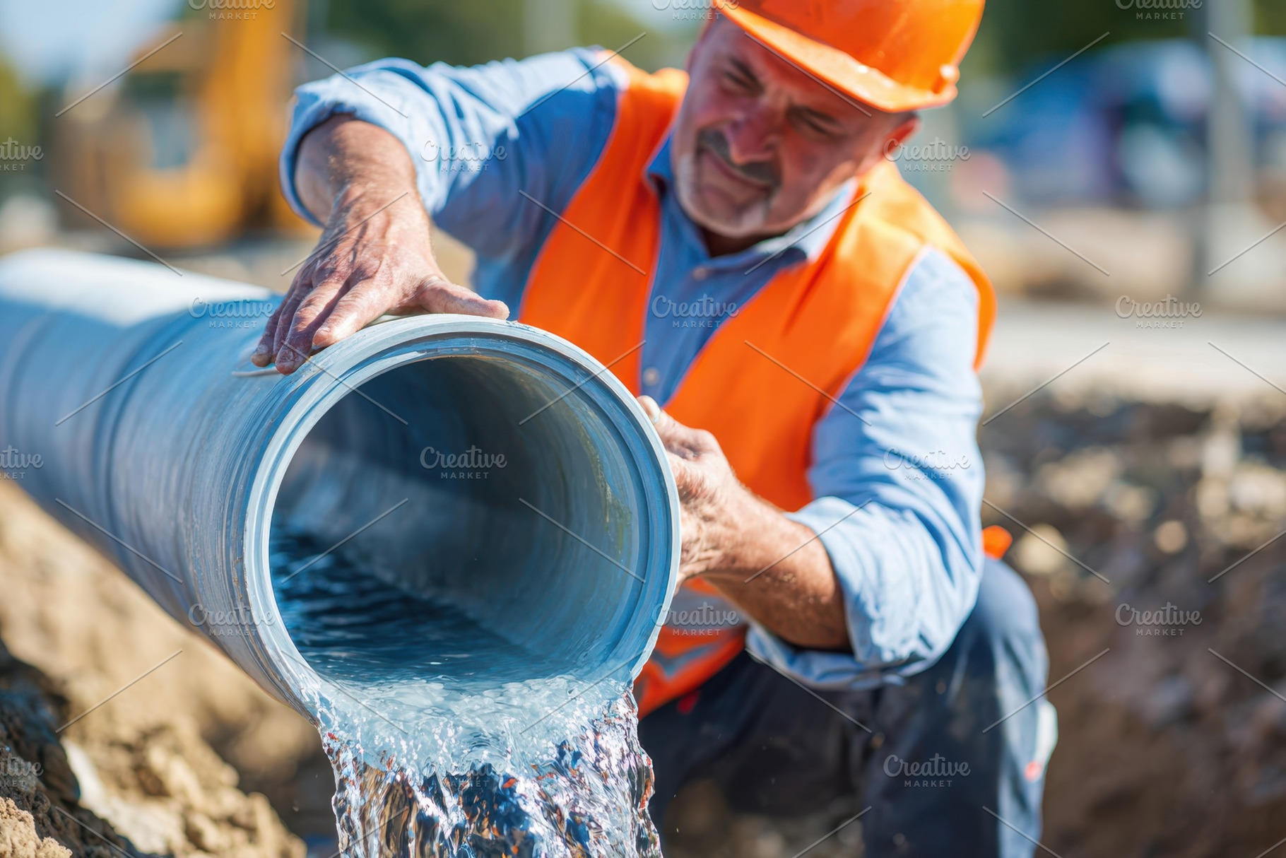 Construction worker inspecting large water pipe, an Industrial Photo by AlyaAnd