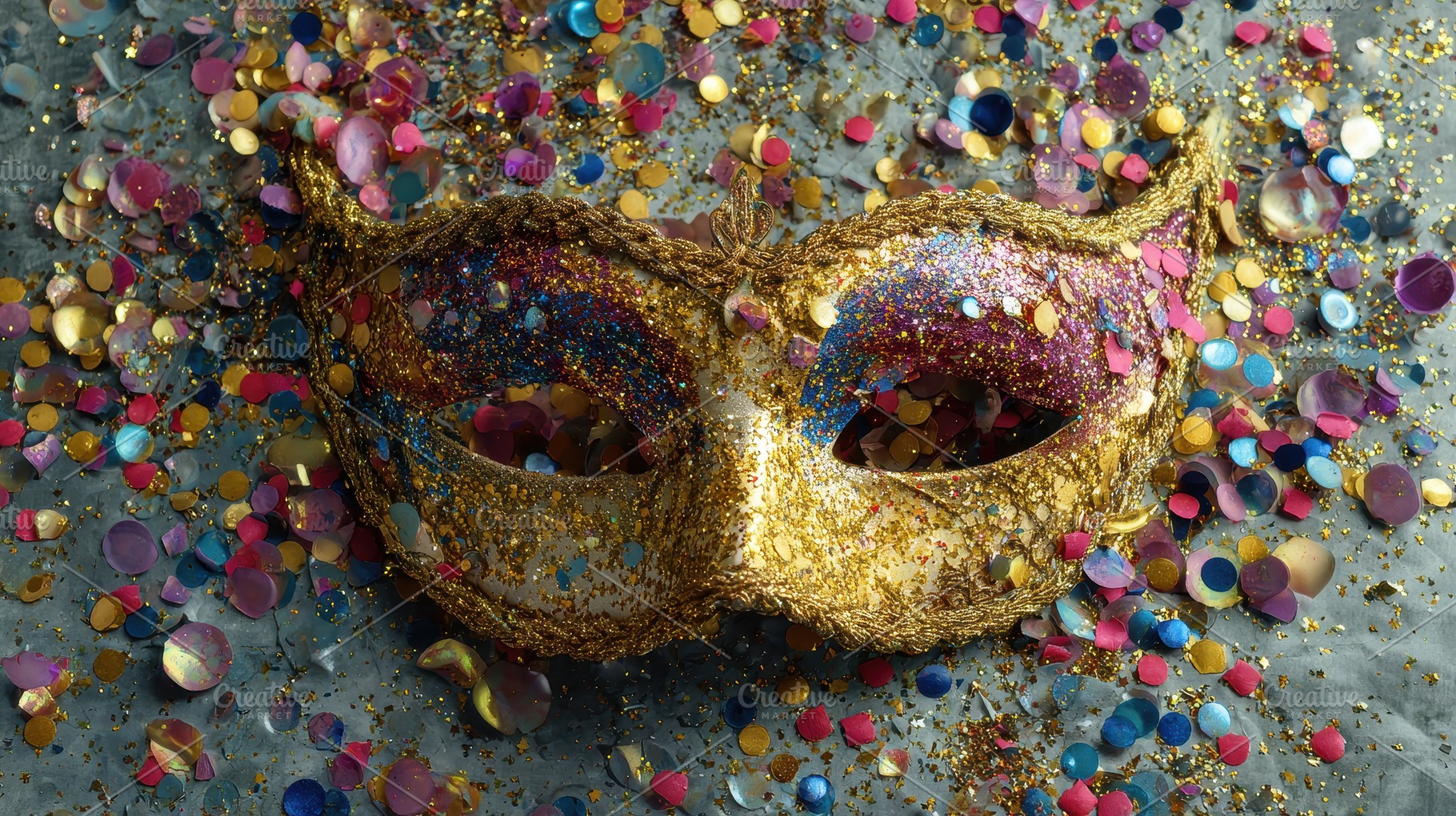 Gold mask surrounded by colorful, a Photo by Pavel_design