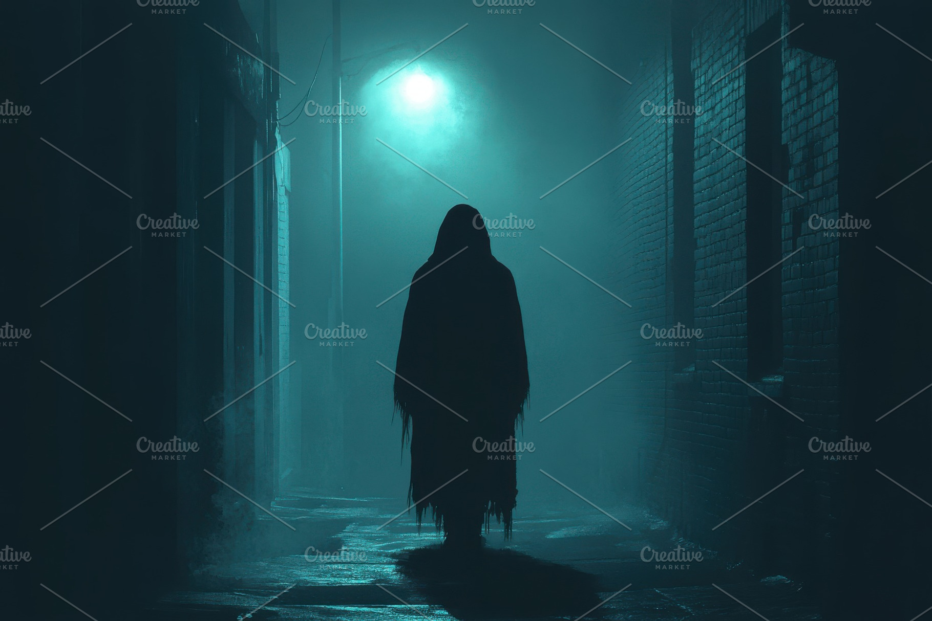 Eerie cloaked figure stands in a fog, an Abstract Photo by Pixeness Studio